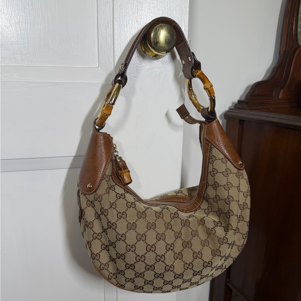 Authentic Gucci Indy GG Canvas Bamboo Ring Hobo Bag Brown Leather - impeccable! - Picture 8 of 10